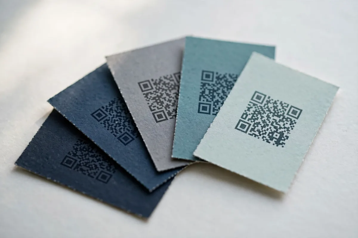 A fan of five paper swatch cards on a pale desk, each printed with the same QR code in a different muted ink from navy to pale teal.