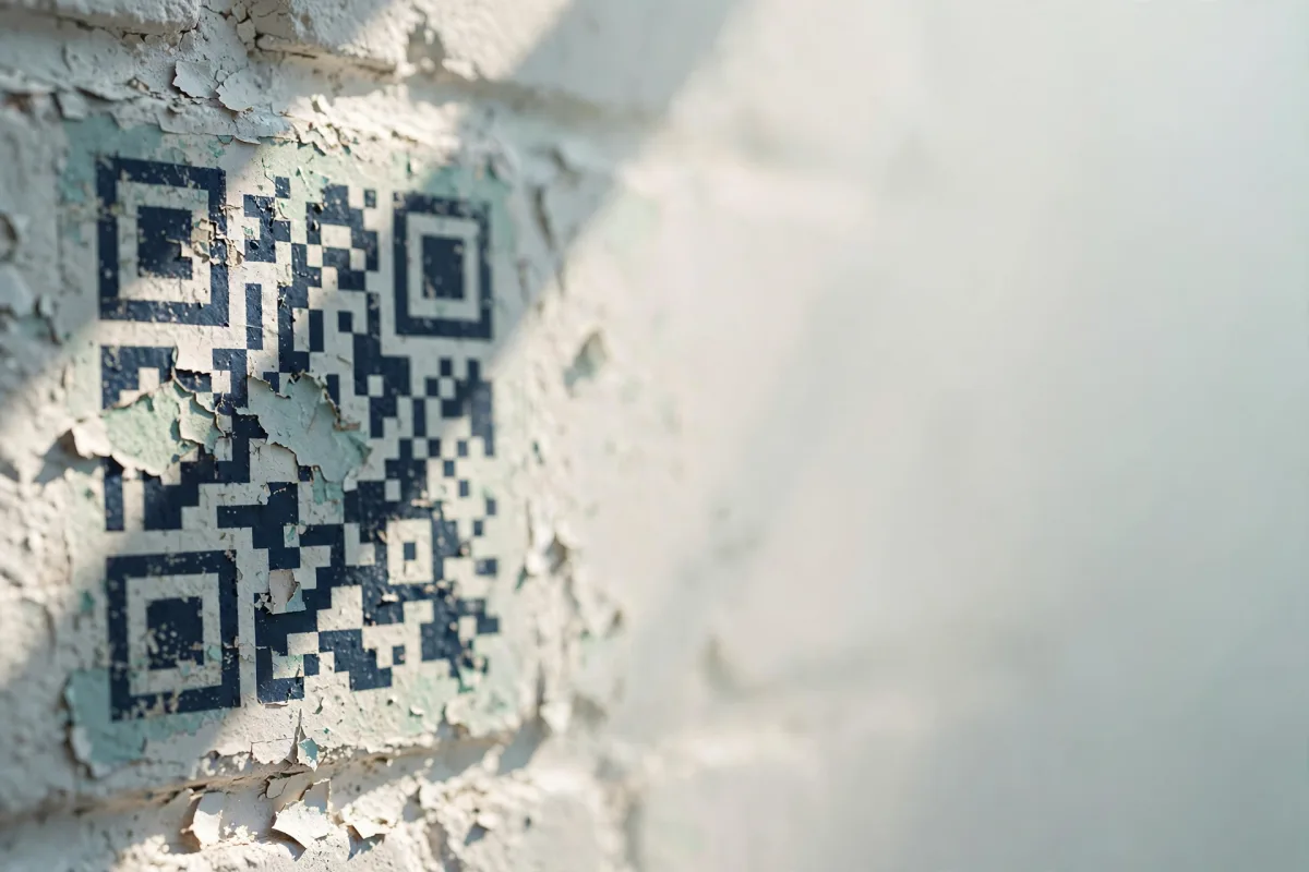 A QR code painted in faded navy paint on a whitewashed brick wall, the paint flaking gently where the light rakes across it.