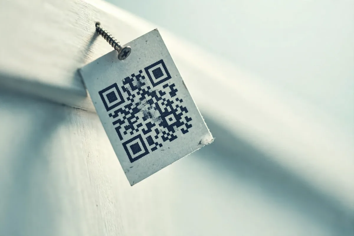 A small printed door sign hanging at a tilt from a single loose screw on a pale wooden frame, a QR code on its face.