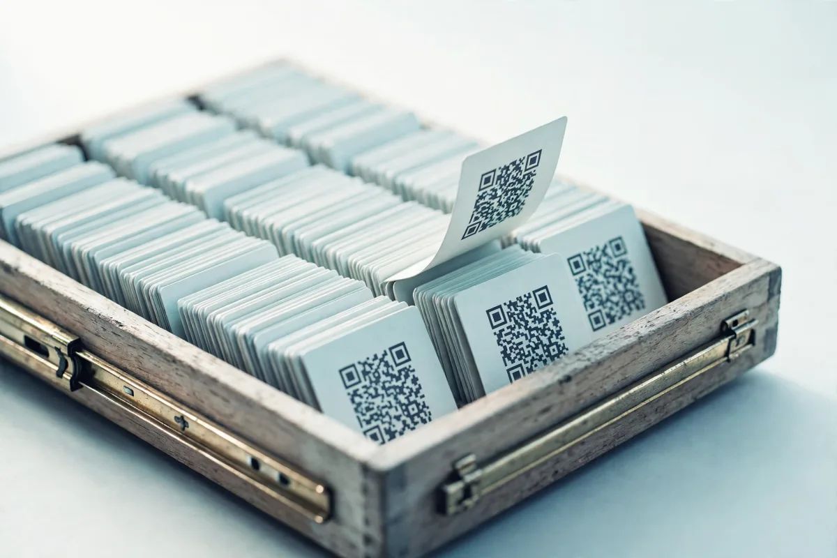 A wooden card-catalogue drawer pulled open, filled with rows of index cards printed with QR codes, one card half-lifted.