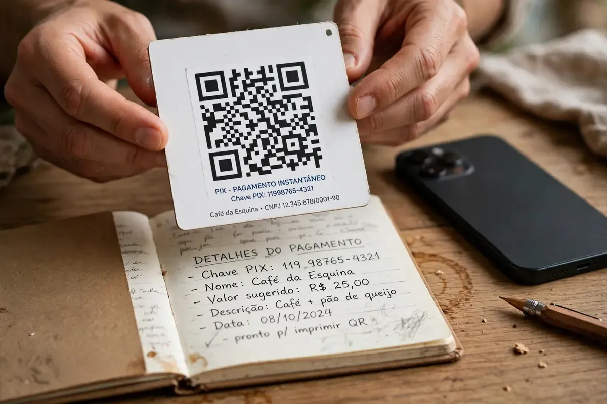 Hands holding a printed QR code plaque over a notebook with payment details written in pencil.