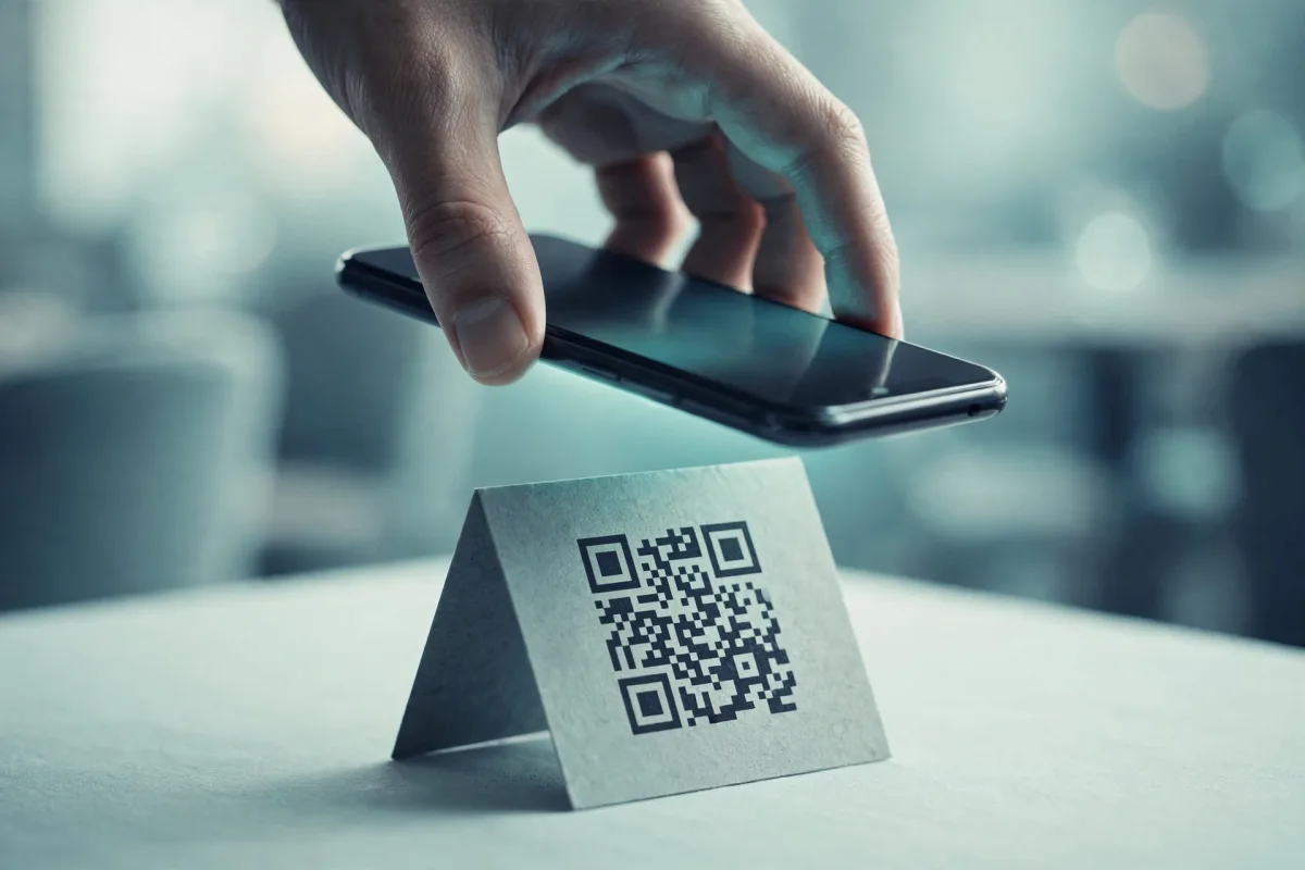 A hand holding a smartphone above a folded table-tent card printed with a QR code on a pale cafe table, the chairs behind dissolving into soft focus.