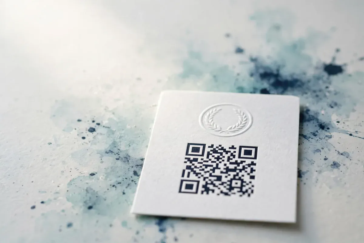 A white card printed with a QR code and a small embossed circular badge above it, on pale stone.