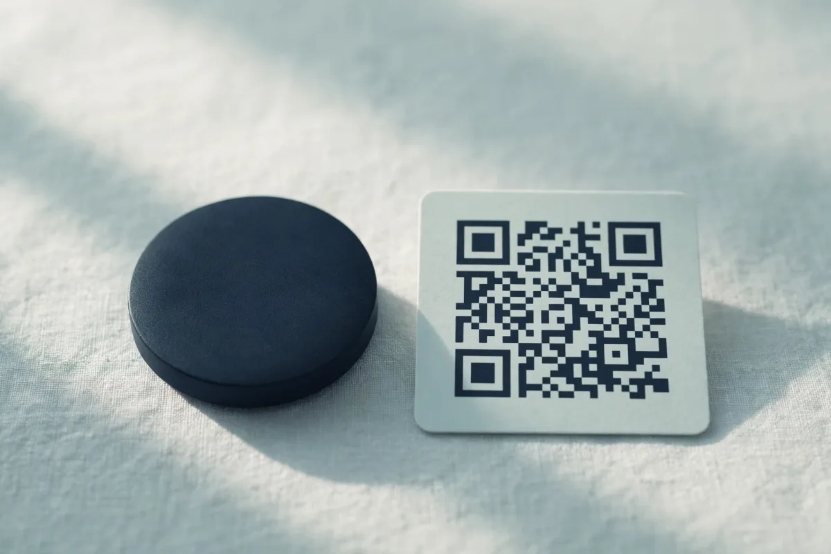 A round matte tag disc and a square card printed with a QR code lying side by side on pale linen, casting long soft parallel shadows.
