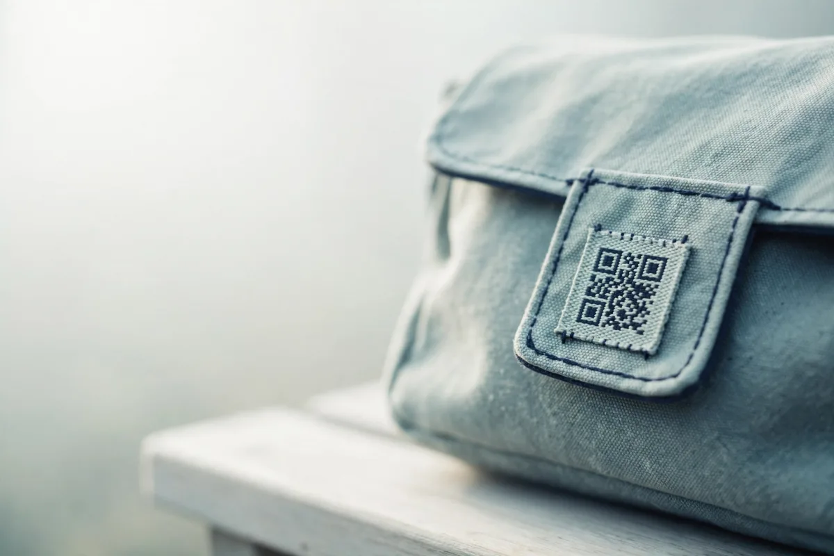 A canvas satchel bag on a pale wooden bench, a small woven patch printed with a QR code stitched to its side flap.