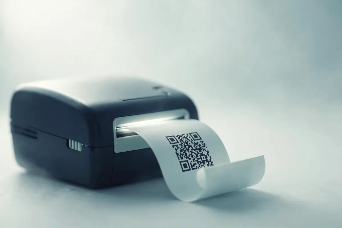 A compact printer on a pale desk producing a curling paper receipt printed with a single QR code.