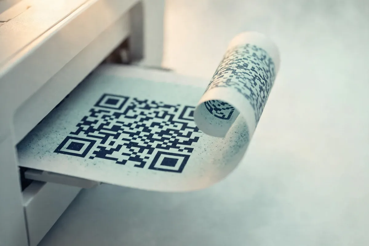 A sheet of paper printed with a large QR code sliding from the output tray of a pale grey printer.
