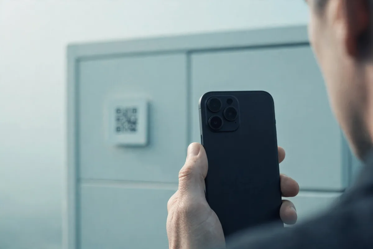 A hand holding a smartphone in front of a pale vending machine, a small card printed with a QR code set into its plain face.