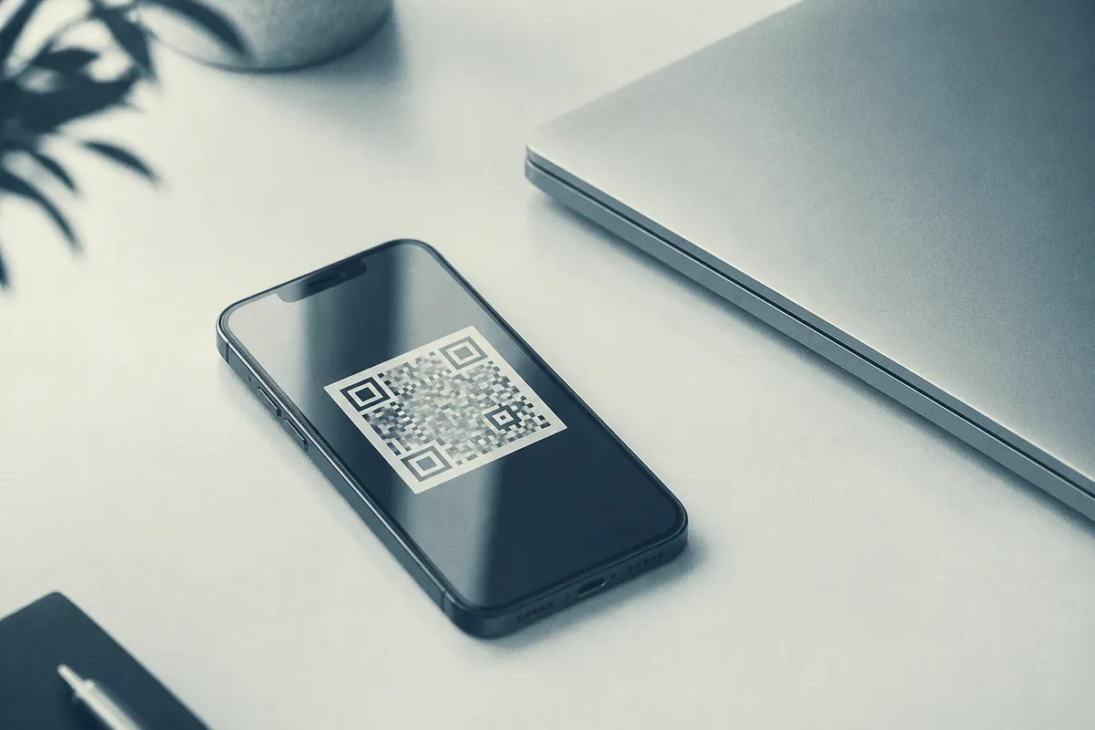 A smartphone lying face-up on a desk beside a closed laptop, a QR code filling its screen.