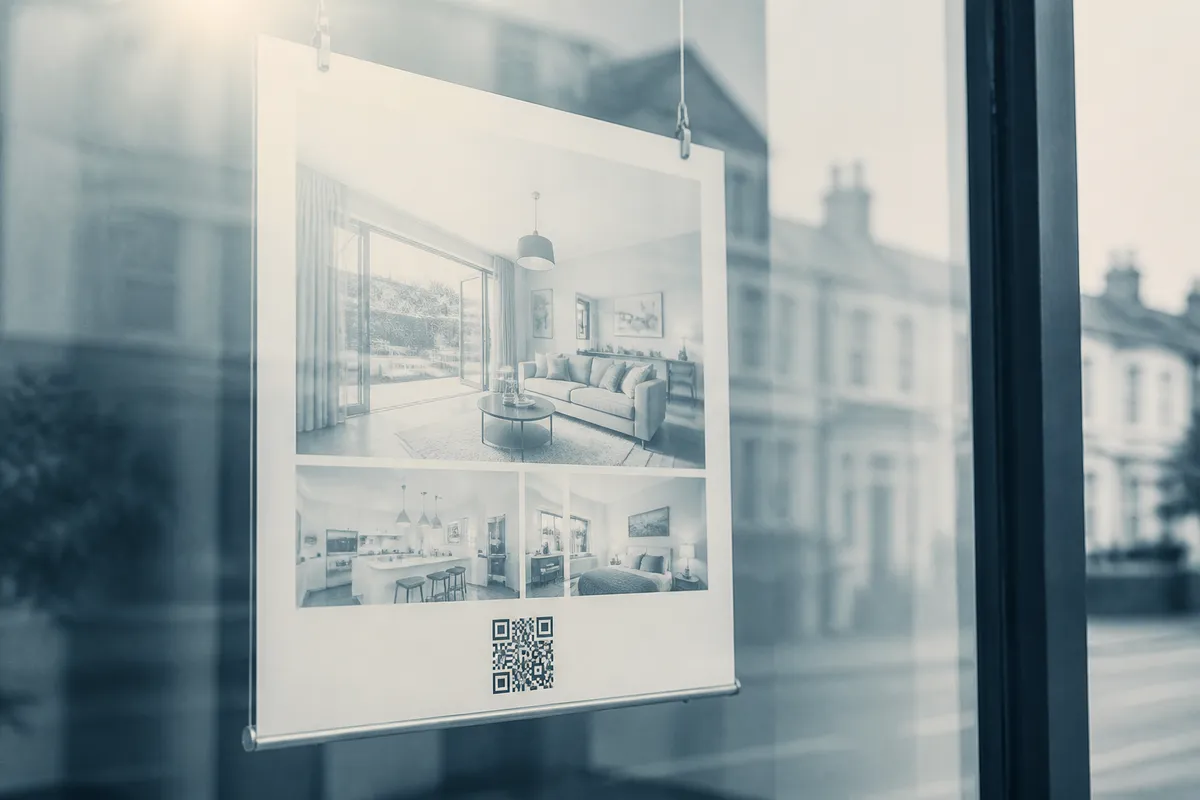 A property card hanging on wires inside an estate agent's window, photographed from the pavement, a QR code at its foot.