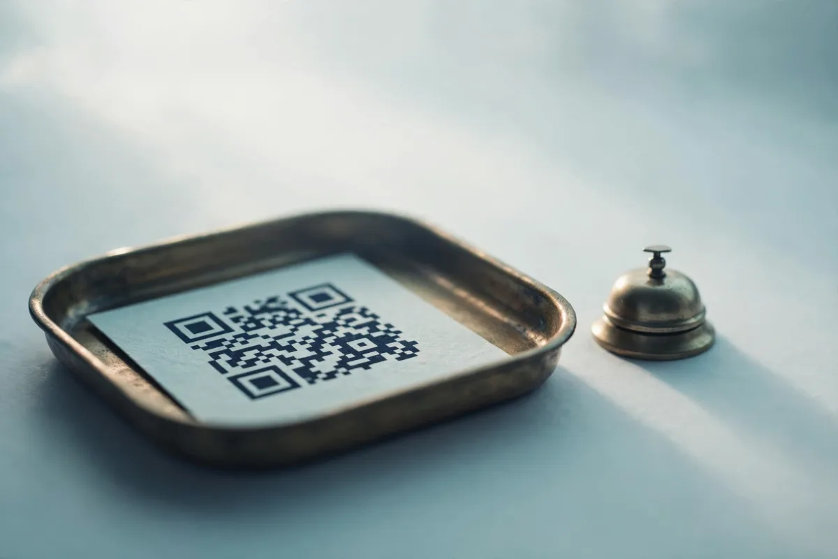 A shallow brass tray on a pale desk holding a single card printed with a QR code, a small brass service bell beside it.