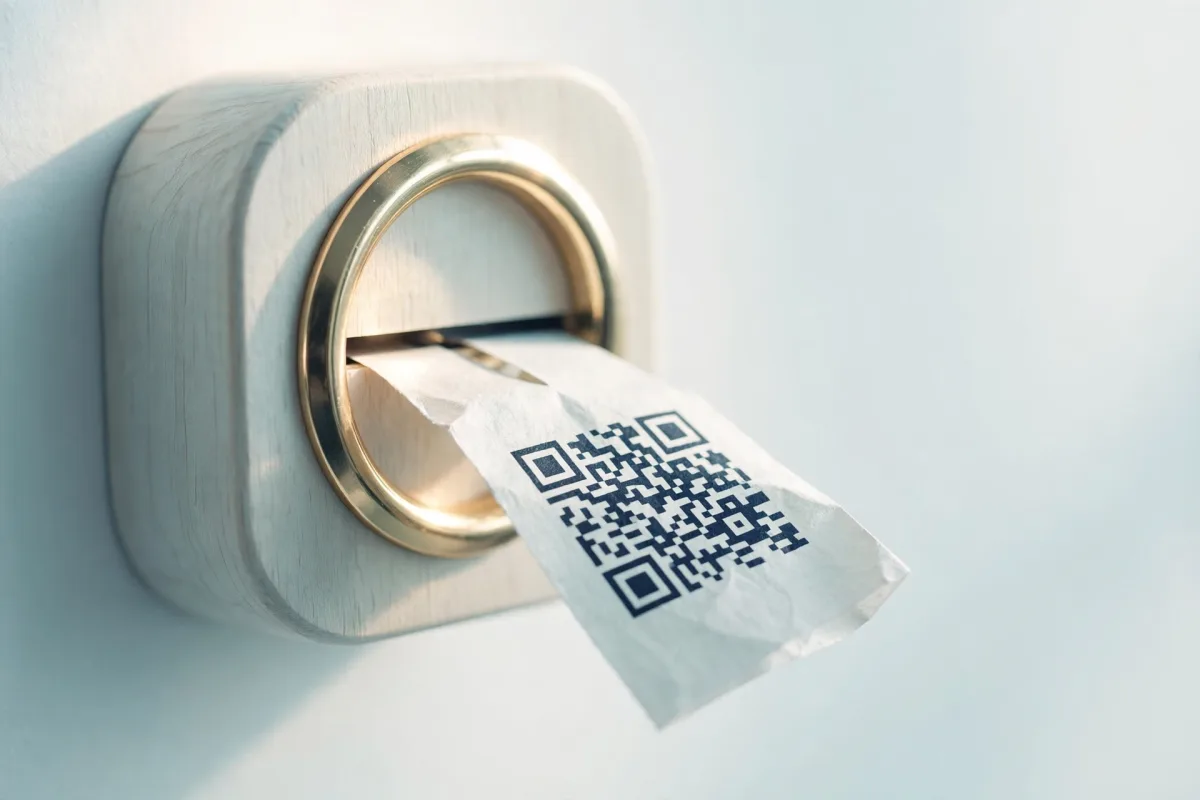 A paper time card printed with a QR code half-slotted into the brass-rimmed face of a small wooden punch clock on a pale wall.