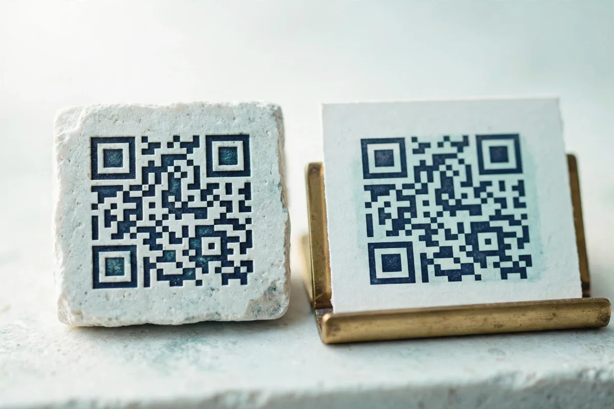 Two tiles side by side on a pale stone shelf: a QR code engraved into a slab of stone, and the same code printed on a loose card resting in a slim brass ledge.