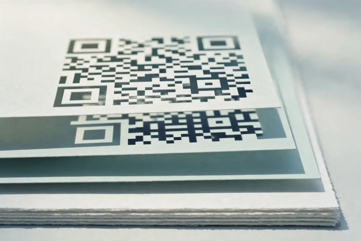 Three pale paper sheets stacked on a desk, the top sheet die-cut with the modules of a QR code so the cut-out casts a grid of tiny square shadows on the sheet beneath.