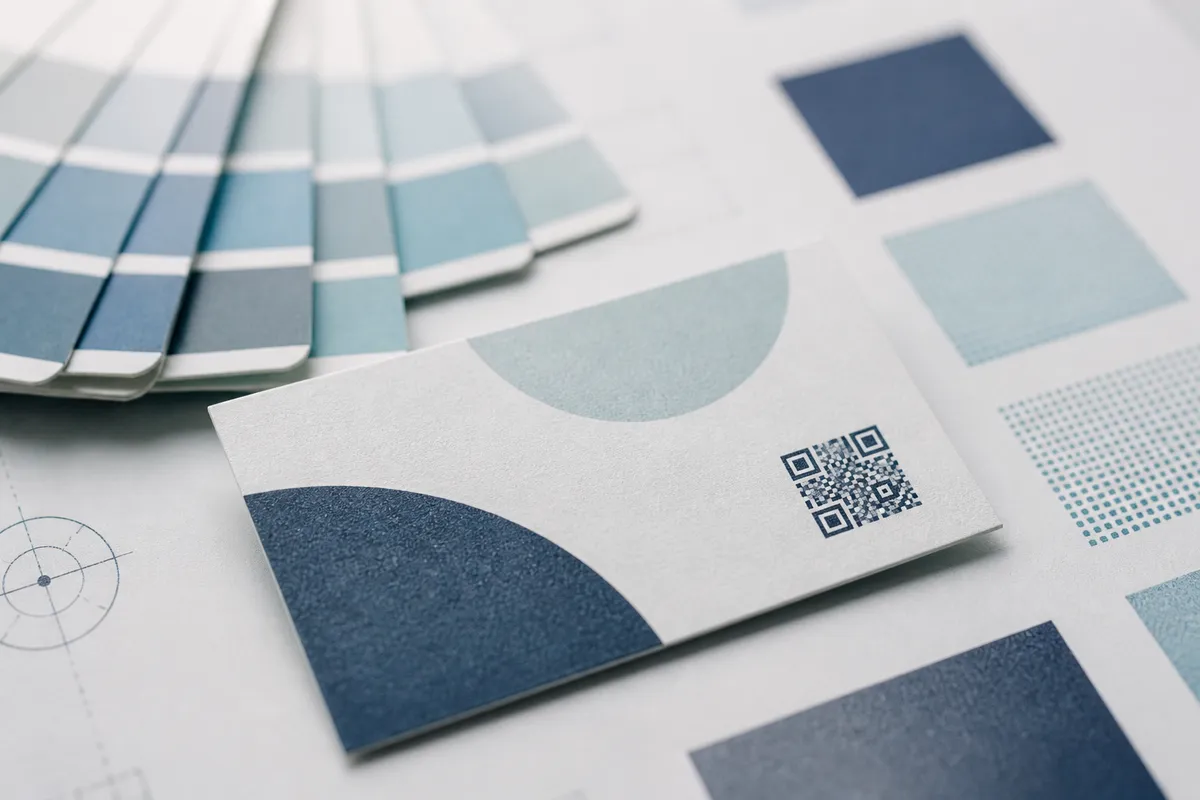 A printed card with abstract brand shapes and a QR code beside a fan of colour swatches.