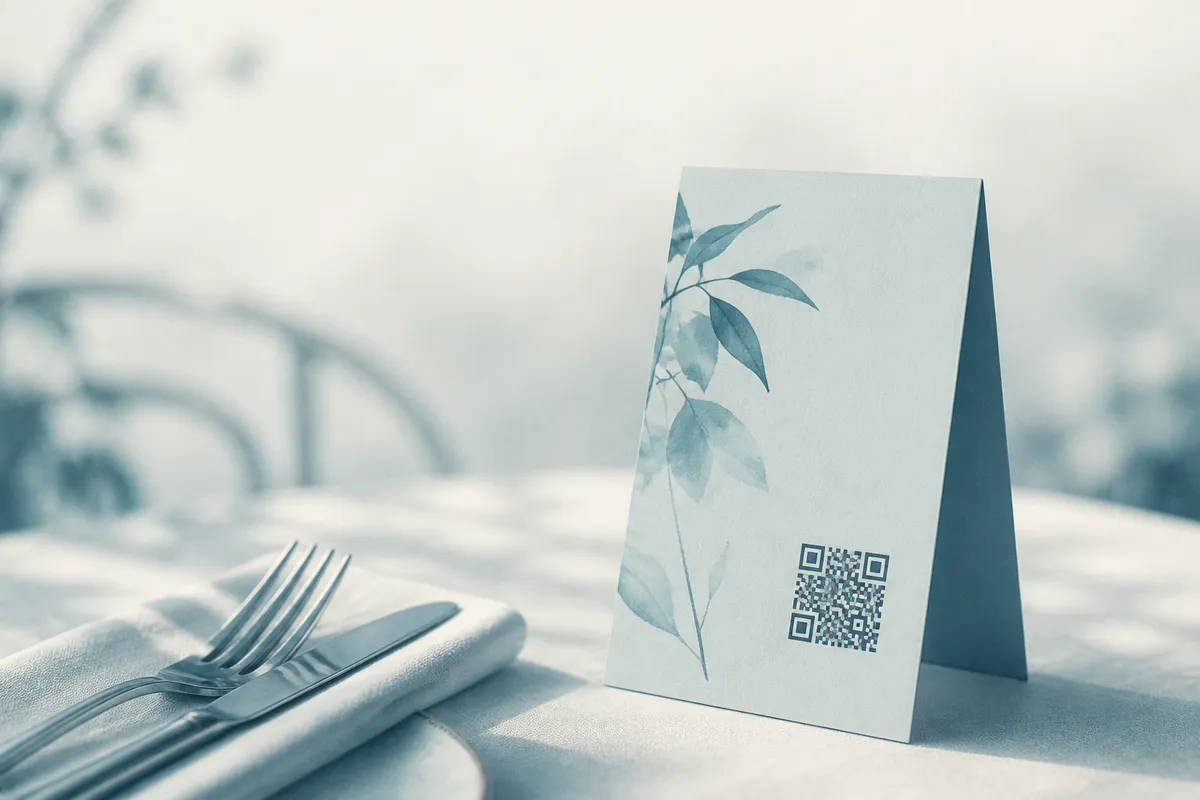 A folded menu card printed with a QR code standing on a bistro table beside cutlery.
