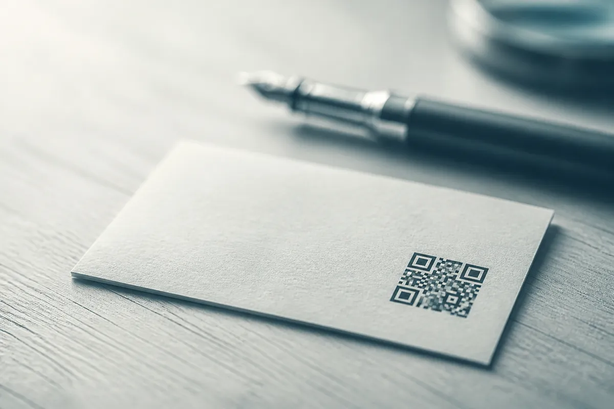 A business card printed with a QR code lying on a desk beside a fountain pen.