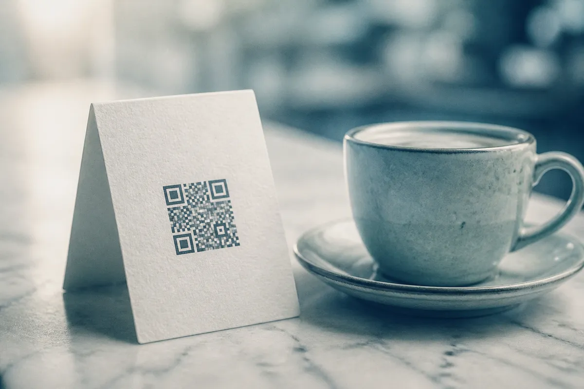 A folded card printed with a QR code standing on a cafe counter beside a coffee cup.
