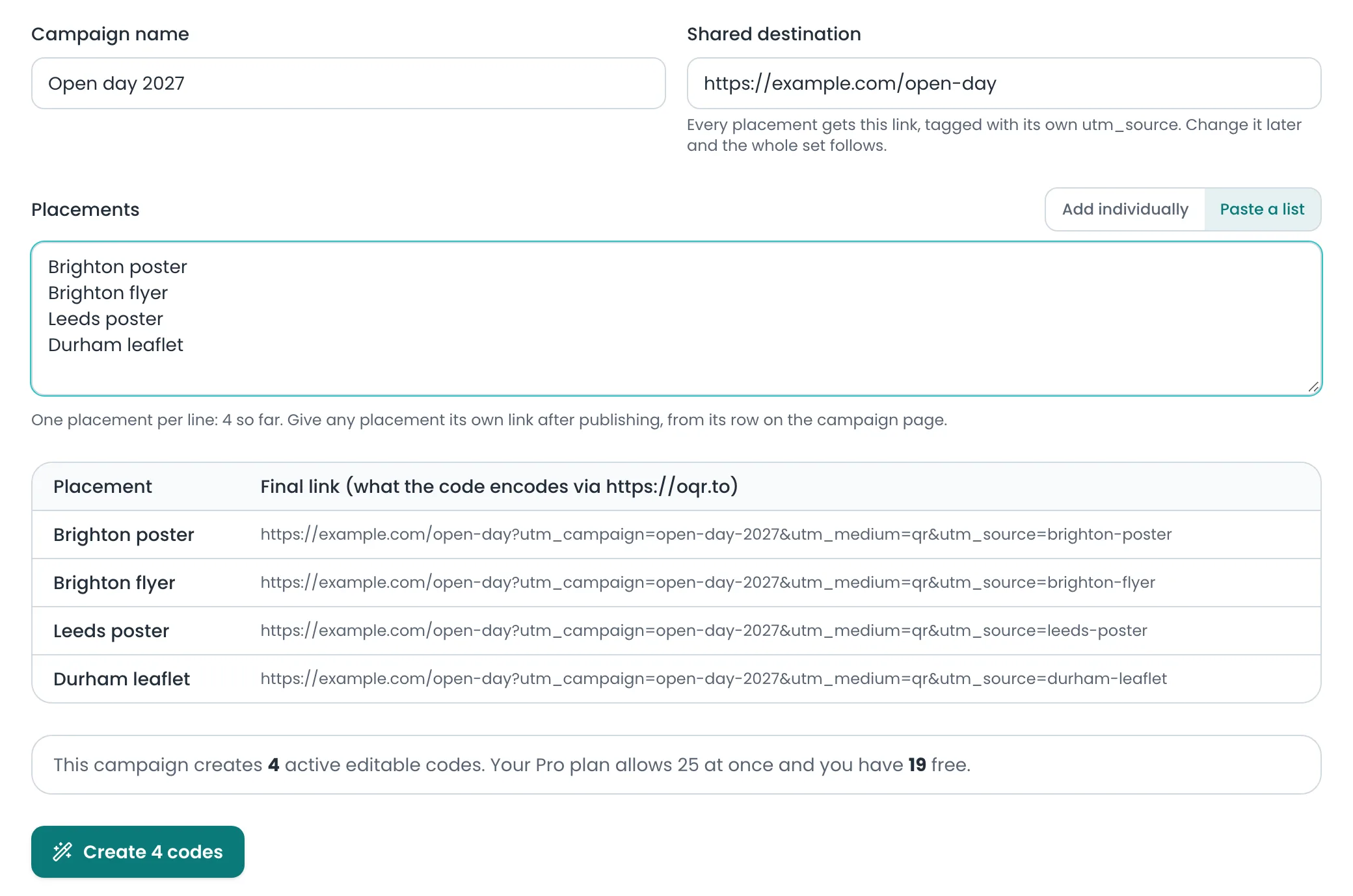 Campaign creation form with a name, shared destination, a pasted list of five placements and a preview table of tagged URLs.