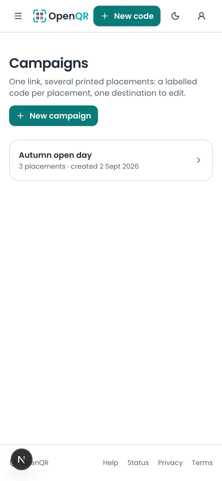 Mobile view of the campaigns list showing one campaign row with its scan total.