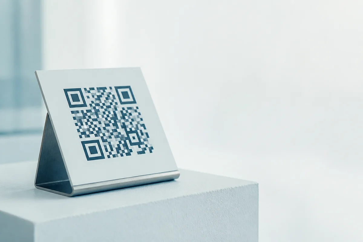 A blank interpretation label on a slanted metal holder beside a gallery plinth.